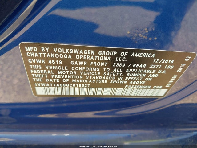 45606075 :رقم المزاد ، 1VWAT7A33GC018527 vin ، 2016 Volkswagen Passat 1.8t S مزاد بيع