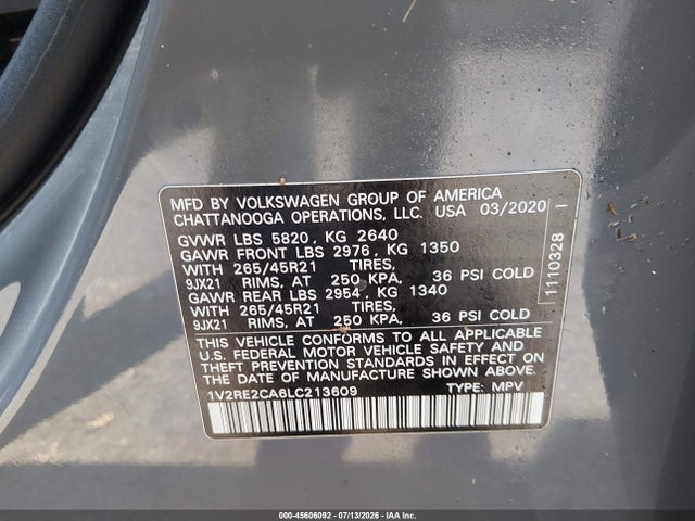 Aukcja sprzedaży 2020 Volkswagen Atlas Cross Sport 3.6l V6 Sel R-line, vin: 1V2RE2CA6LC213609, numer aukcji: 45606092
