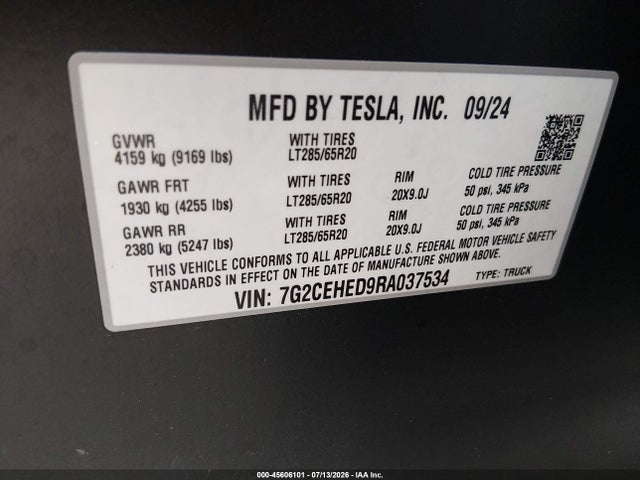 Продаж на аукціоні авто 2024 Tesla Cybertruck All-wheel Drive, vin: 7G2CEHED9RA037534, номер лоту: 45606101