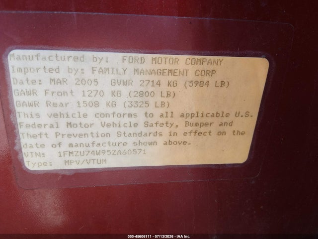 2005 Ford Explorer Eddie Bauer მანქანა იყიდება აუქციონზე, vin: 1FMZU74W95ZA60571, აუქციონის ნომერი: 45606111