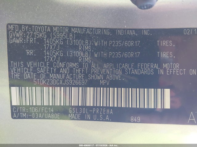 Toyota Sienna Le 8 Passenger 2018 5TDKZ3DCXJS926697 Image 9