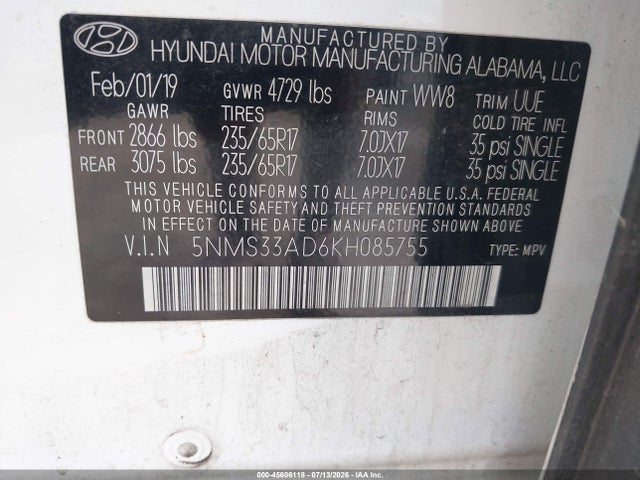 45606118 :رقم المزاد ، 5NMS33AD6KH085755 vin ، 2019 Hyundai Santa Fe Sel مزاد بيع