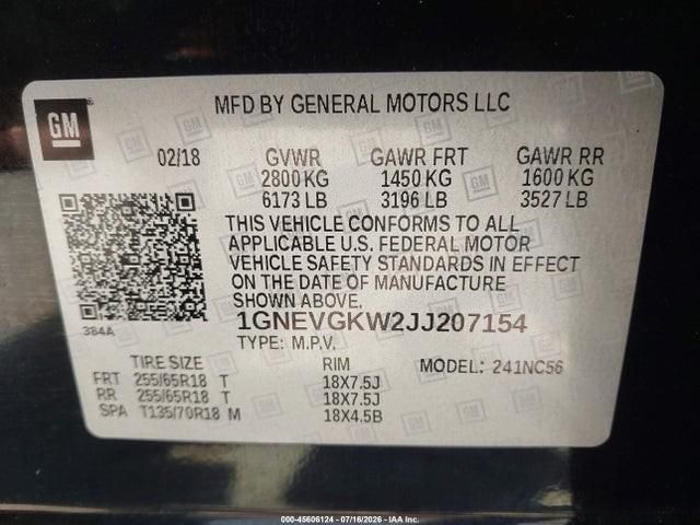 2018 Chevrolet Traverse Lt Cloth მანქანა იყიდება აუქციონზე, vin: 1GNEVGKW2JJ207154, აუქციონის ნომერი: 45606124