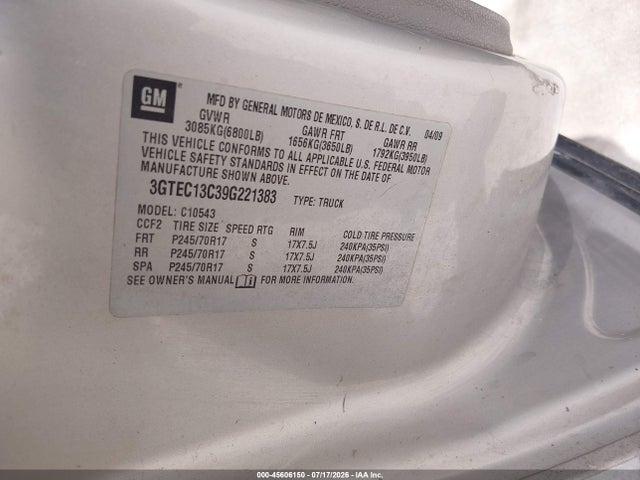 45606150 :رقم المزاد ، 3GTEC13C39G221383 vin ، 2009 Gmc Sierra 1500 Work Truck مزاد بيع