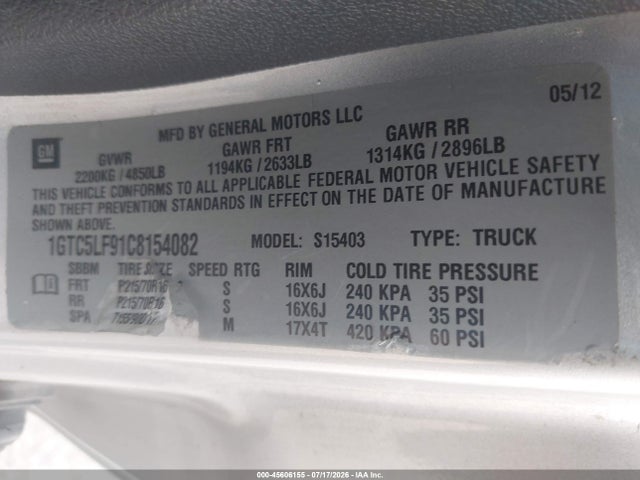 Aukcja sprzedaży 2012 Gmc Canyon Work Truck, vin: 1GTC5LF91C8154082, numer aukcji: 45606155