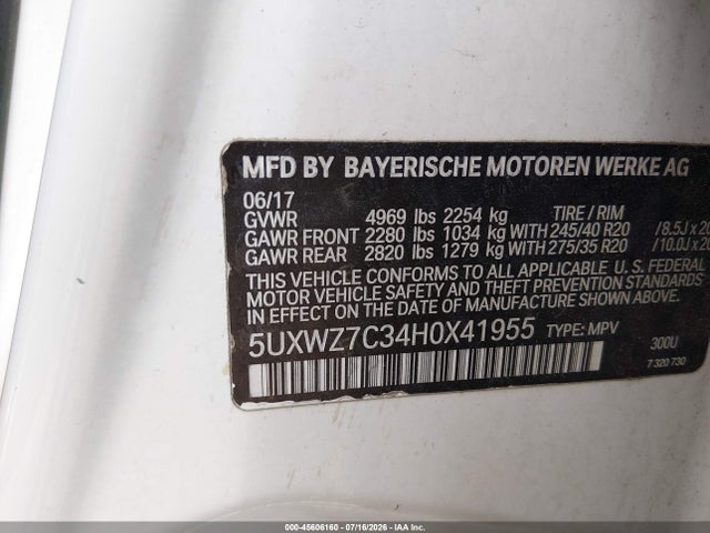 Aukcja sprzedaży 2017 Bmw X3 Sdrive28i, vin: 5UXWZ7C34H0X41955, numer aukcji: 45606160