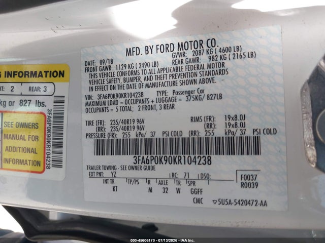 Ford Fusion Titanium 2019 3FA6P0K90KR104238 Image 9