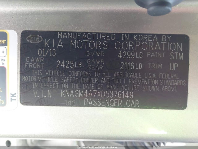 Aukcja sprzedaży 2013 Kia Optima Lx, vin: KNAGM4A7XD5376149, numer aukcji: 45606172