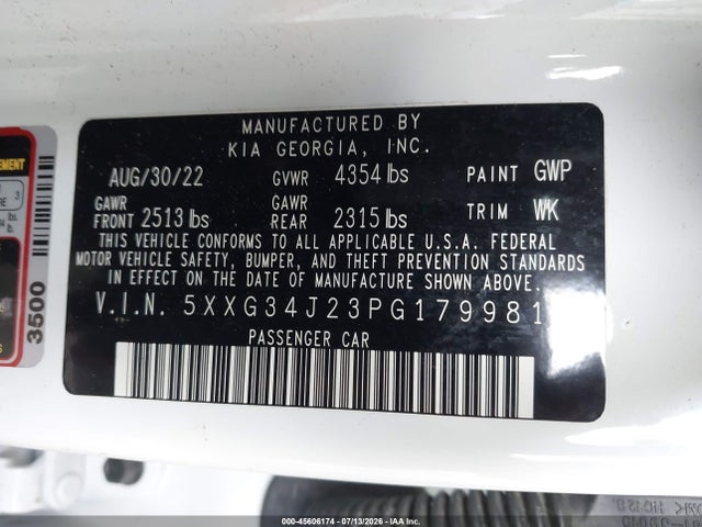 Aukcja sprzedaży 2023 Kia K5 Ex, vin: 5XXG34J23PG179981, numer aukcji: 45606174