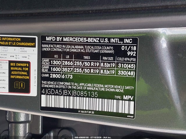 Aukcja sprzedaży 2018 Mercedes-benz Gle 350, vin: 4JGDA5JBXJB085135, numer aukcji: 45606180