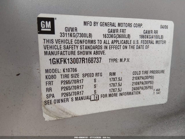 2007 Gmc Yukon Slt მანქანა იყიდება აუქციონზე, vin: 1GKFK13007R168737, აუქციონის ნომერი: 45606181