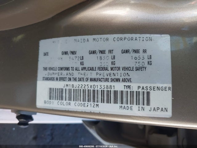 Aukcja sprzedaży 1999 Mazda Protege Dx/lx, vin: JM1BJ2225X0133881, numer aukcji: 45606206