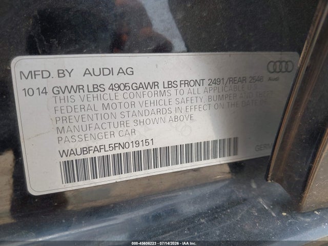Продажа на аукционе авто 2015 Audi A4 2.0t Premium, vin: WAUBFAFL5FN019151, номер лота: 45606223