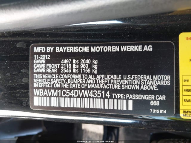 Aukcja sprzedaży 2013 Bmw X1 Sdrive28i, vin: WBAVM1C54DVW43514, numer aukcji: 45606240