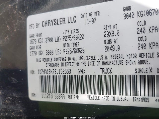Продаж на аукціоні авто 2008 Dodge Ram 1500 Slt, vin: 1D7HA18N78J152553, номер лоту: 45606247
