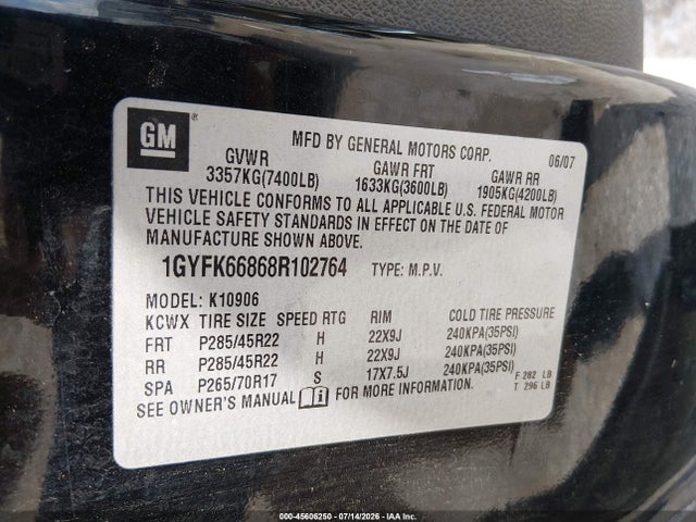 45606250 :رقم المزاد ، 1GYFK66868R102764 vin ، 2008 Cadillac Escalade Esv مزاد بيع