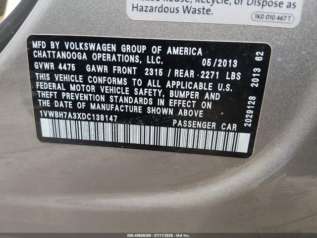 Aukcja sprzedaży 2013 Volkswagen Passat 2.5l Se, vin: 1VWBH7A3XDC138147, numer aukcji: 45606269
