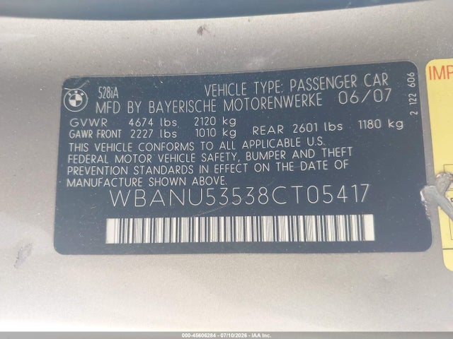 45606284 :رقم المزاد ، WBANU53538CT05417 vin ، 2008 Bmw 528i مزاد بيع