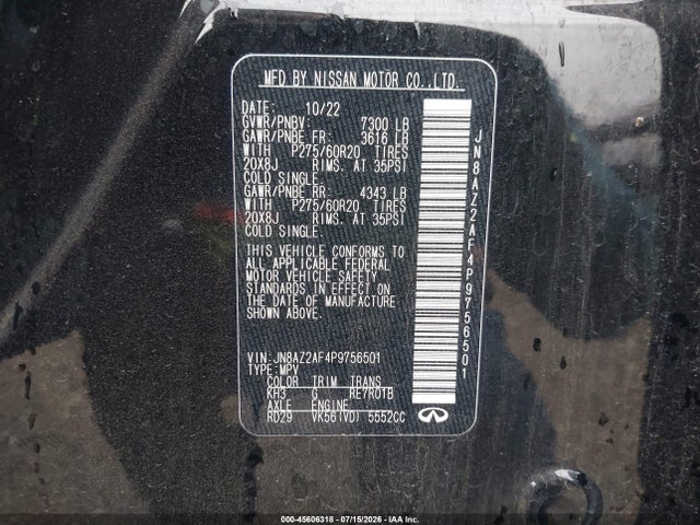 Aukcja sprzedaży 2023 Infiniti Qx80 Luxe, vin: JN8AZ2AF4P9756501, numer aukcji: 45606318