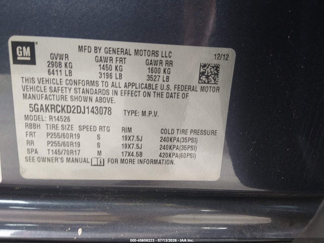 45606323 :رقم المزاد ، 5GAKRCKD2DJ143078 vin ، 2013 Buick Enclave Leather مزاد بيع