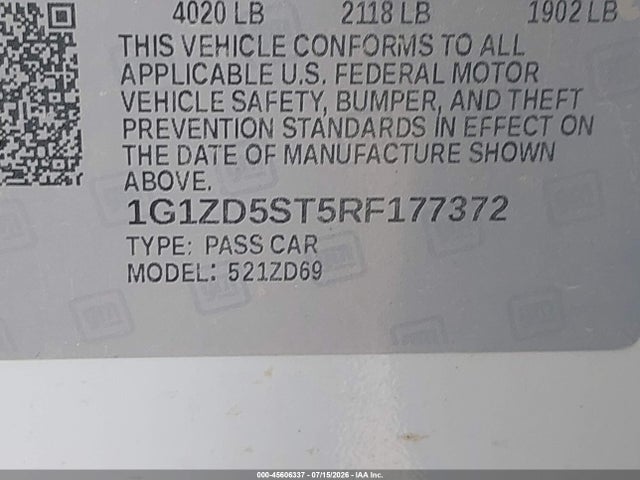 1G1ZD5ST5RF177372 Chevrolet Malibu Fwd 1lt