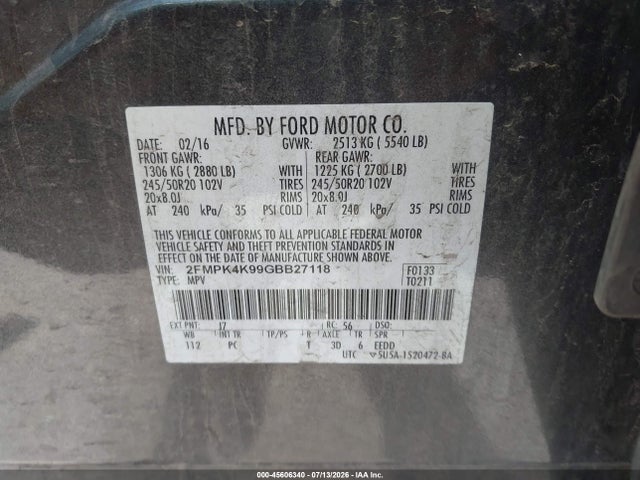 Aukcja sprzedaży 2016 Ford Edge Titanium, vin: 2FMPK4K99GBB27118, numer aukcji: 45606340