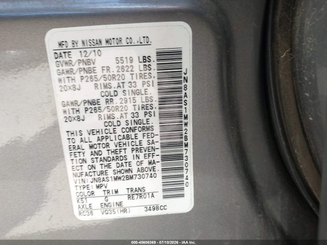 Продажа на аукционе авто 2011 Infiniti Fx35, vin: JN8AS1MW2BM730740, номер лота: 45606369