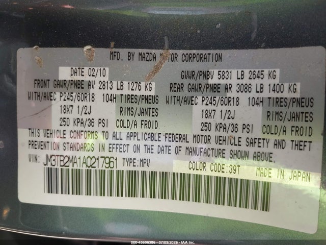 Продажа на аукционе авто 2010 Mazda Cx-9 Sport, vin: JM3TB2MA1A0217961, номер лота: 45606386