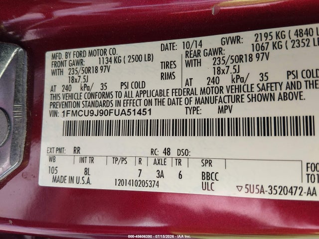 1FMCU9J90FUA51451 Ford Escape Titanium