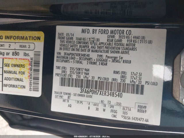 Ford FUSION SE 2014 3FA6P0H7XER348540 Image 9