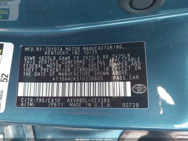 2026 Toyota Camry Se მანქანა იყიდება აუქციონზე, vin: 4T1DAACK5TU226805, აუქციონის ნომერი: 45606425