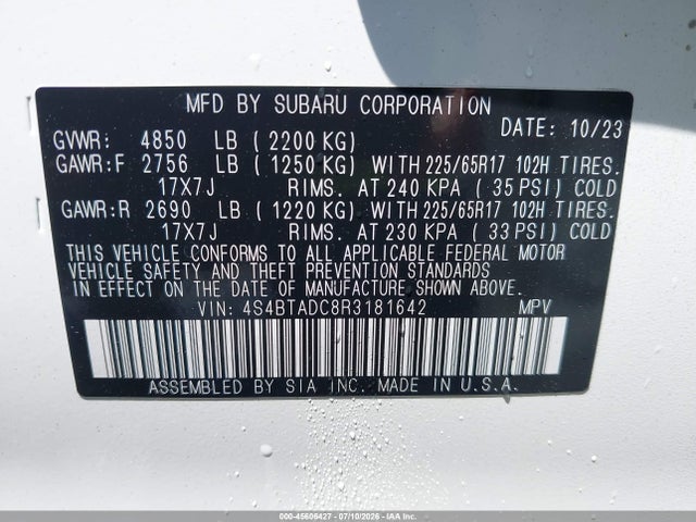 Aukcja sprzedaży 2024 Subaru Outback Premium, vin: 4S4BTADC8R3181642, numer aukcji: 45606427