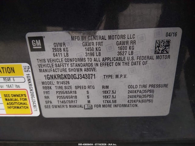 Aukcja sprzedaży 2016 Chevrolet Traverse 1lt, vin: 1GNKRGKD0GJ343071, numer aukcji: 45606454