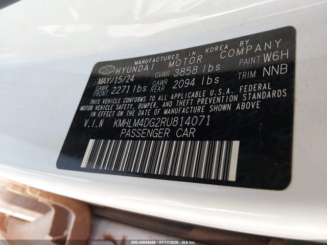 Продажа на аукционе авто 2024 Hyundai Elantra Sel, vin: KMHLM4DG2RU814071, номер лота: 45606466