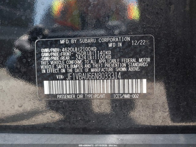 Продаж на аукціоні авто 2022 Subaru Wrx Gt, vin: JF1VBAU66N8033314, номер лоту: 45606472