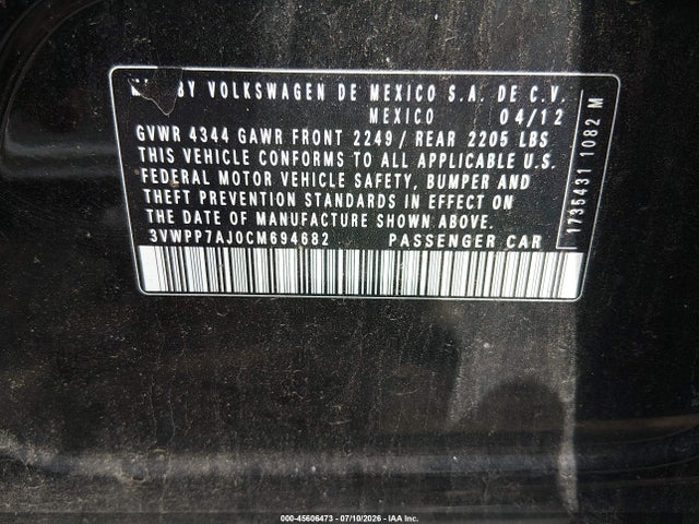 2012 Volkswagen Jetta Sportwagen 2.5l S მანქანა იყიდება აუქციონზე, vin: 3VWPP7AJ0CM694682, აუქციონის ნომერი: 45606473