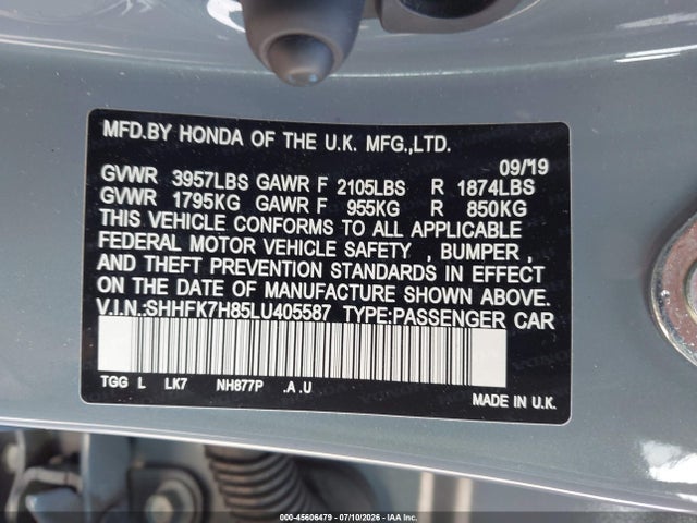 Aukcja sprzedaży 2020 Honda Civic Ex-l, vin: SHHFK7H85LU405587, numer aukcji: 45606479