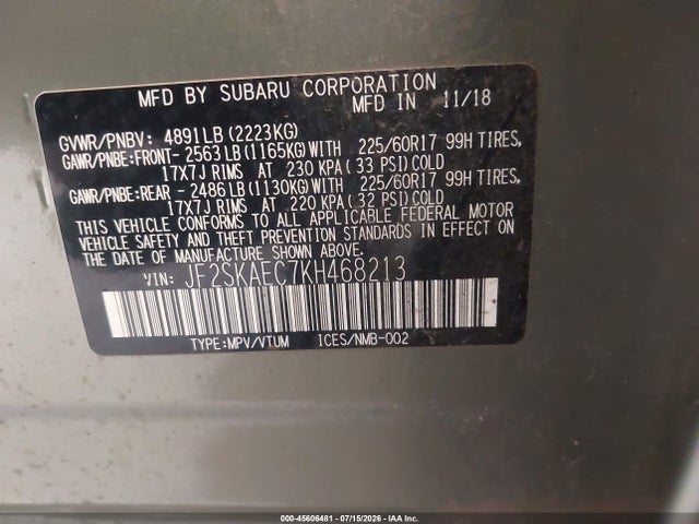 Aukcja sprzedaży 2019 Subaru Forester Premium, vin: JF2SKAEC7KH468213, numer aukcji: 45606481