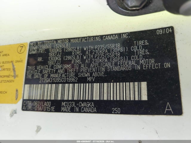 45606497 :رقم المزاد ، 2T2GA31U95C019962 vin ، 2005 Lexus Rx 330 مزاد بيع