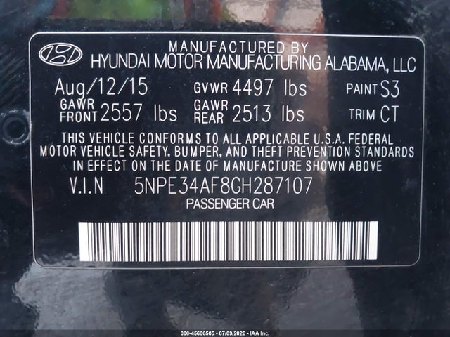 Aukcja sprzedaży 2016 Hyundai Sonata Sport, vin: 5NPE34AF8GH287107, numer aukcji: 45606505