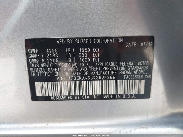 45606514 :رقم المزاد ، 4S3GKAM63K3623966 vin ، 2019 Subaru Impreza 2.0i Sport مزاد بيع