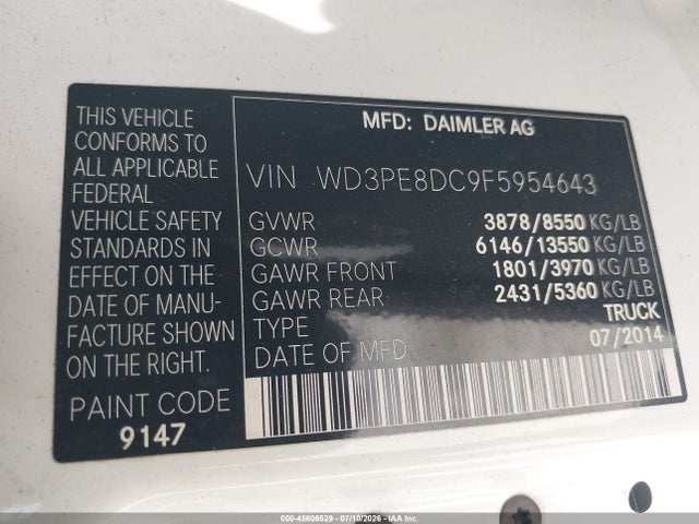 45606529 :رقم المزاد ، WD3PE8DC9F5954643 vin ، 2015 Mercedes-benz Sprinter 2500 High Roof مزاد بيع