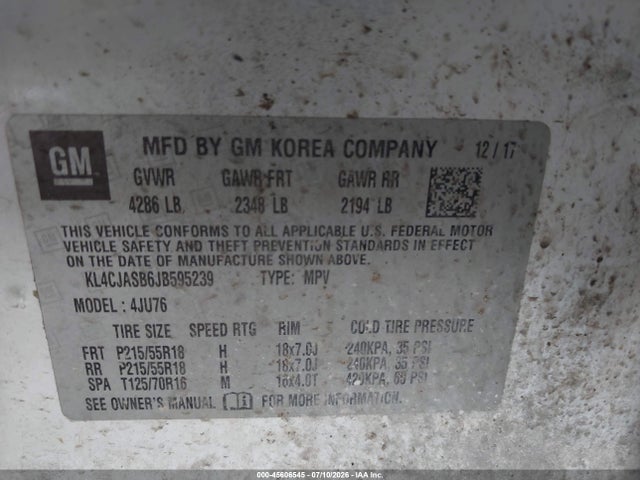 45606545 :رقم المزاد ، KL4CJASB6JB595239 vin ، 2018 Buick Encore Preferred مزاد بيع