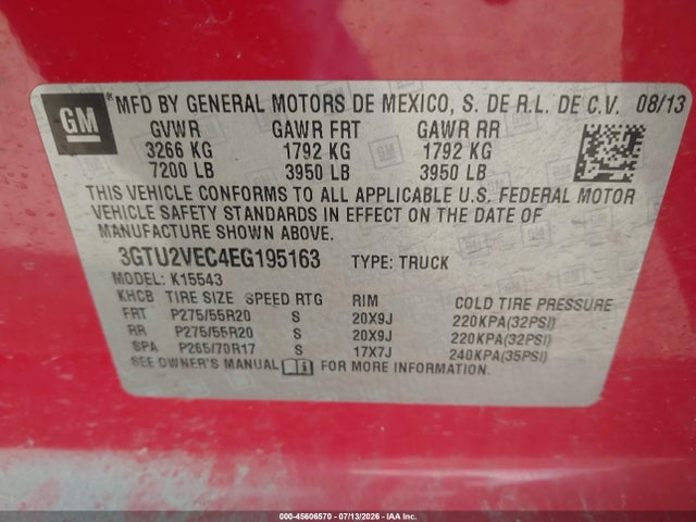 Aukcja sprzedaży 2014 Gmc Sierra 1500 Slt, vin: 3GTU2VEC4EG195163, numer aukcji: 45606570