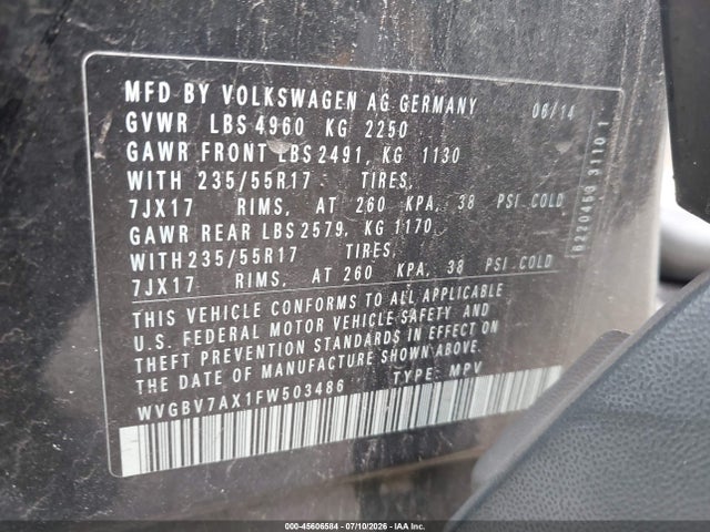 45606584 :رقم المزاد ، WVGBV7AX1FW503486 vin ، 2015 Volkswagen Tiguan Se مزاد بيع