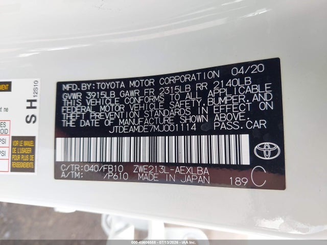 Aukcja sprzedaży 2021 Toyota Corolla Hybrid Le, vin: JTDEAMDE7MJ001114, numer aukcji: 45606588