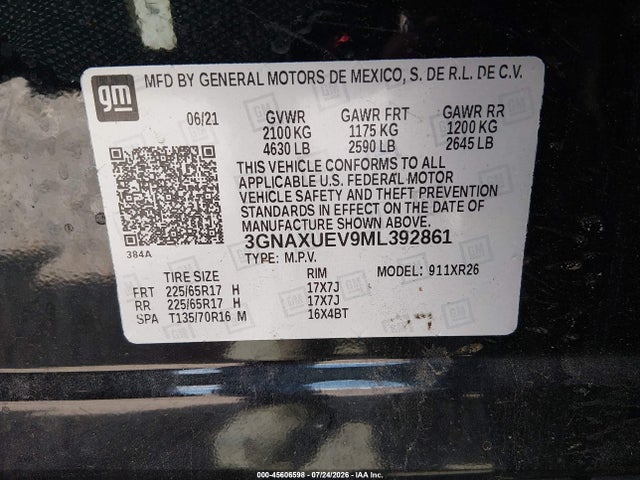2021 Chevrolet Equinox Awd Lt მანქანა იყიდება აუქციონზე, vin: 3GNAXUEV9ML392861, აუქციონის ნომერი: 45606598