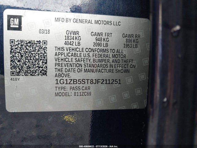 Продажа на аукционе авто 2018 Chevrolet Malibu 1ls, vin: 1G1ZB5ST8JF211251, номер лота: 45606622