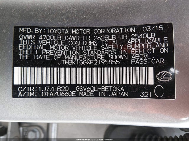 Продажа на аукционе авто 2015 Lexus Es 350, vin: JTHBK1GGXF2195855, номер лота: 45606627