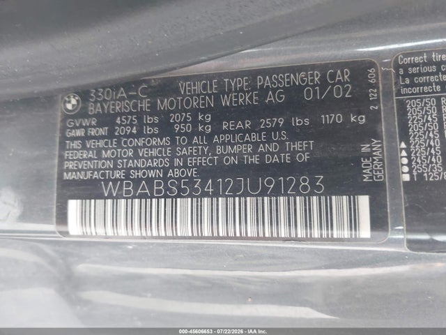 Aukcja sprzedaży 2002 Bmw 3 Series 330ci, vin: WBABS53412JU91283, numer aukcji: 45606653